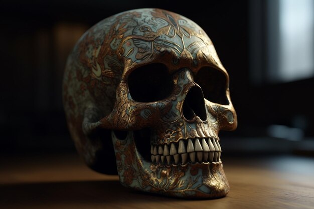 Skull on wooden table closeup Day of The Dead celebration