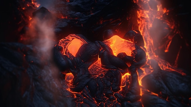 A skulllike shapes with steam and fire situated amidst lava Dual image illusion