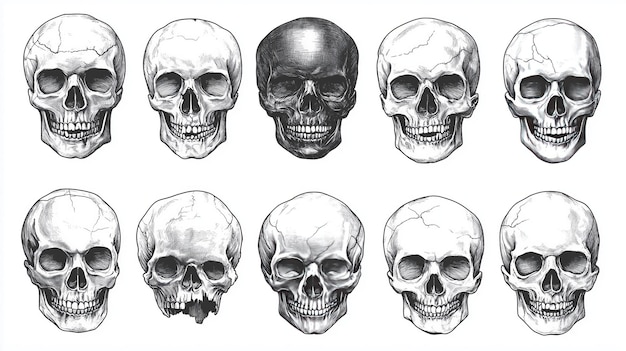 The skulls are drawn in an engraving style showcasing detailed linework and shading to highlight the texture and structure of each bone