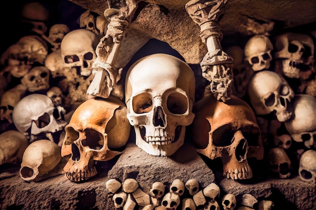 Skulls and bones in the ancient ossuary Naples Italy Generative AI