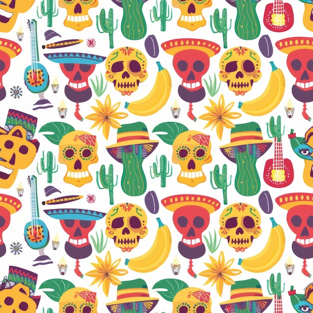 Photo skulls and cactuses pattern on white background