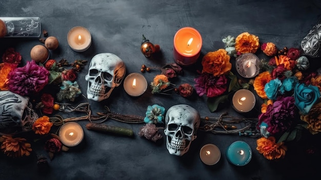 Skulls candles and flowers on black background for day of the dead