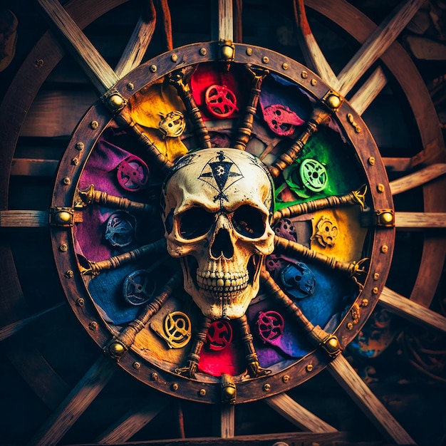 Skulls decorate the pirate steering wheel generative AI