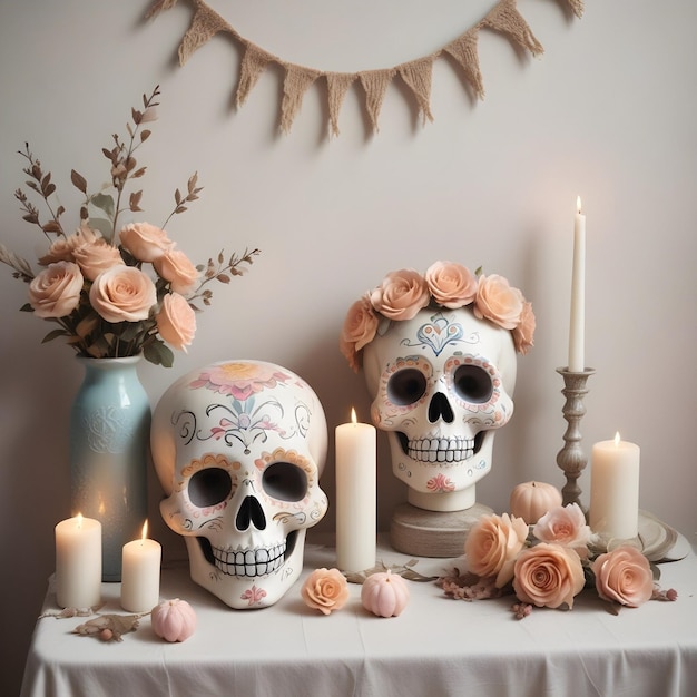 Photo skulls of different colors on the day of the dead mexican celebration