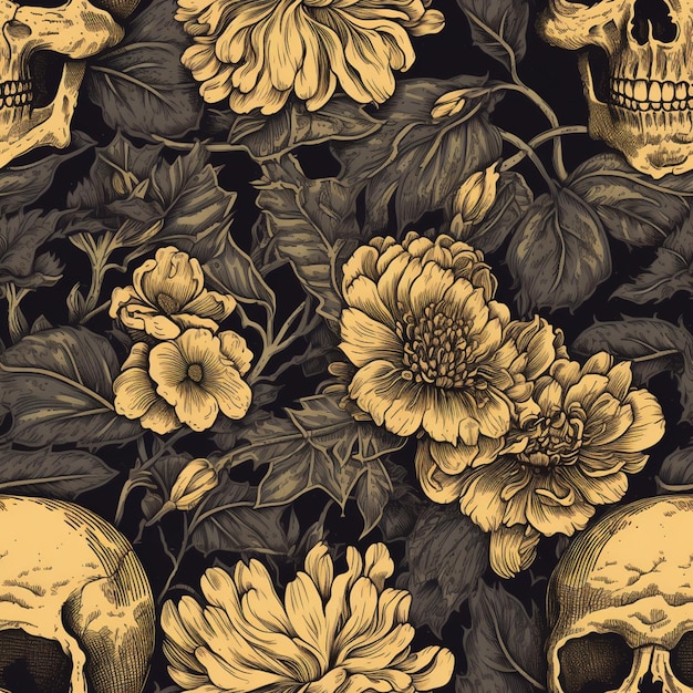 Skulls and flowers are shown in a seamless pattern generative ai