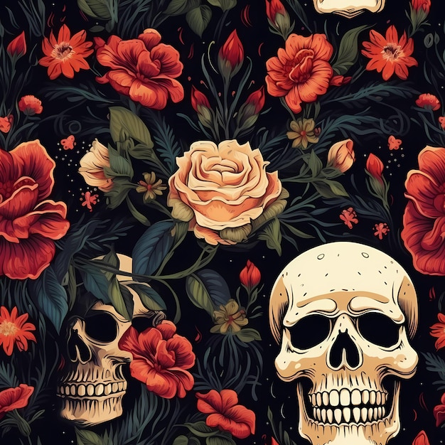 skulls and flowers seamless pattern