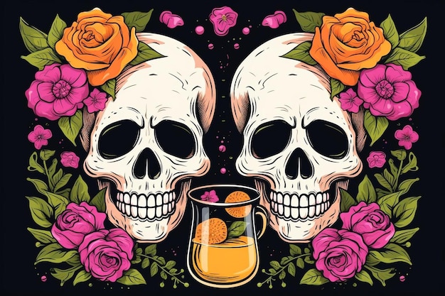 Skulls with flowers and tequila to mexican event