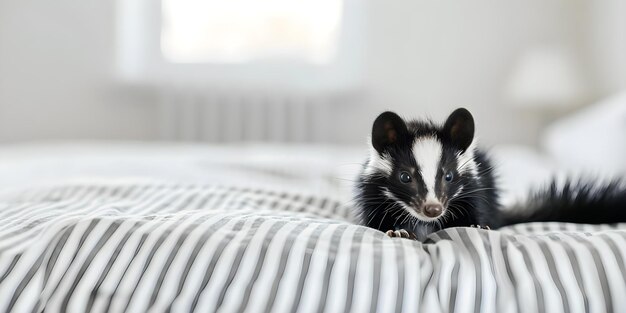 Skunk on a bed in a modern apartment Concept Animal Photography Interior Design Unique Pets Quirky Settings