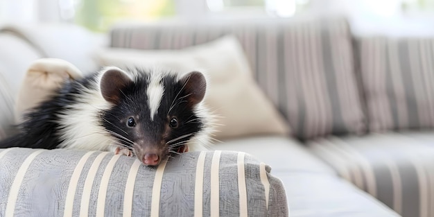 Skunk on the couch in a modern apartment Concept Animal on Furniture Indoor Wildlife Modern Home Decor Unexpected Guest