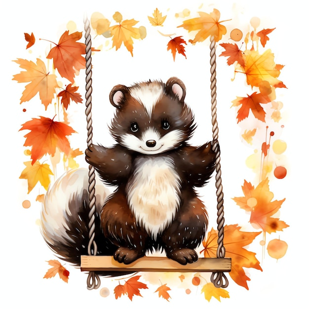 Skunk on swing in autumn woodland