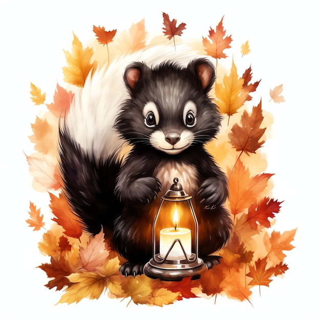 Skunk with lantern in autumn woodland