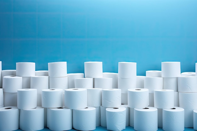 Sky blue background adorned with neatly arranged rolls of toilet paper