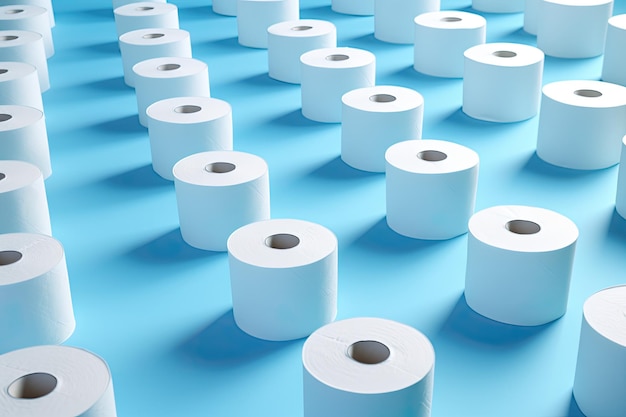 Sky blue background adorned with neatly arranged rolls of toilet paper