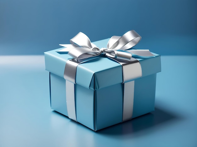 Sky Blue gift box with silver ribbon on blue background Generative ai