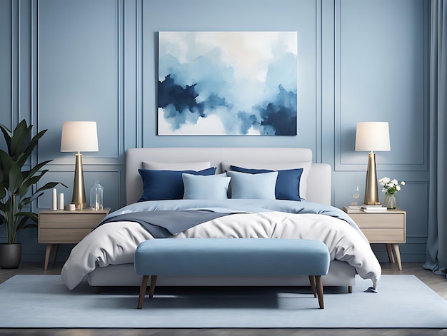 Sky blue or pastel tone bedroom with navy blue bed Empty wall canvas art Light interior design