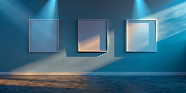 Photo sky blue wall showcasing three empty square frames spotlight lit creating a cheerful atmosphere