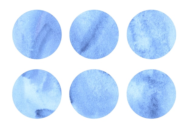 Sky blue watercolor circles set Cerulean abstract round geometric shapes on white background Aquarelle stains on paper texture Template for your design