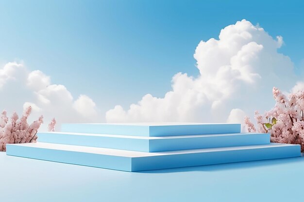 Photo sky bluecloud backgroundwhite podium platform stepminimal 3d display for summer