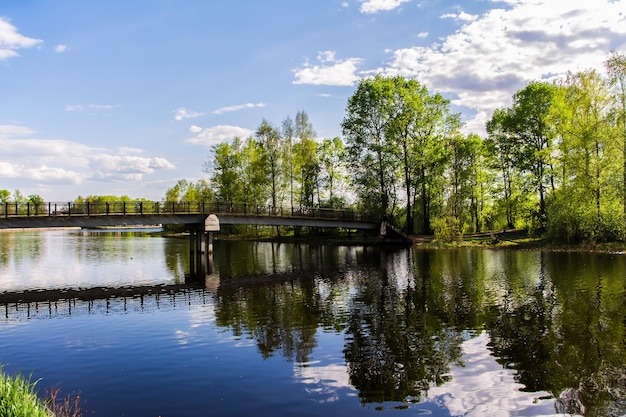 sky and clouds are reflected in the water