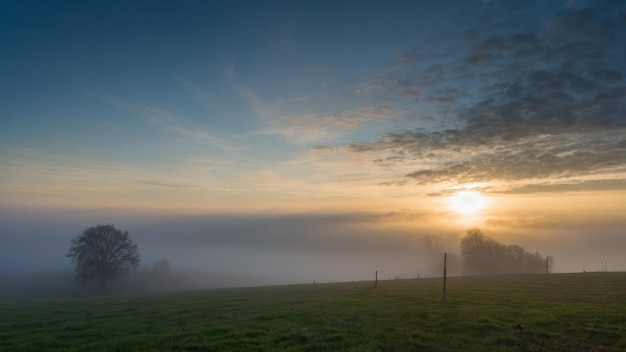 Photo sky covered in thick fog with the sun just barely visible over misty hills during sunrise