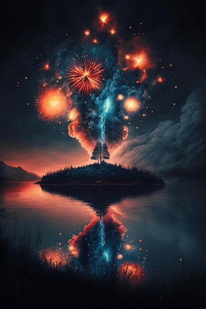 Sky filled with lots of fireworks next to a body of water generative ai