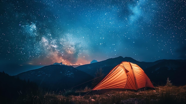 Under a sky full of stars an orange tent is pitched on a grassy hill In the distance a mountain range is silhouetted against the night sky