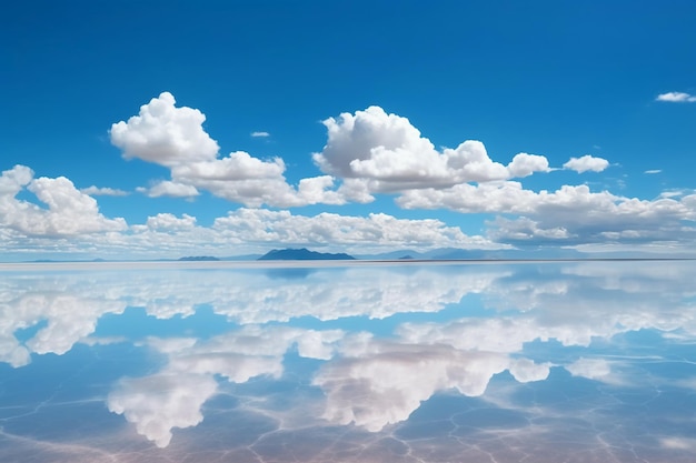 The sky is blue and the water is reflecting the clouds.