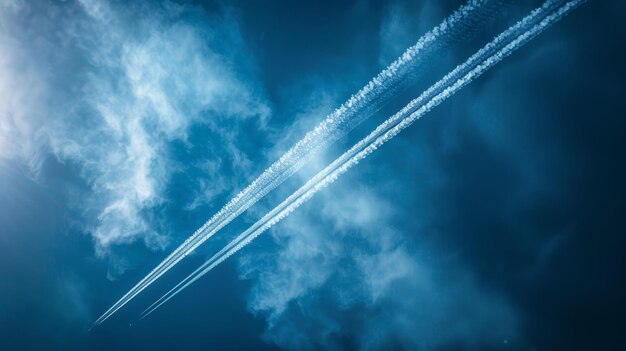 The sky is blue with a few clouds and a plane flying through it The plane is leaving a trail of smok