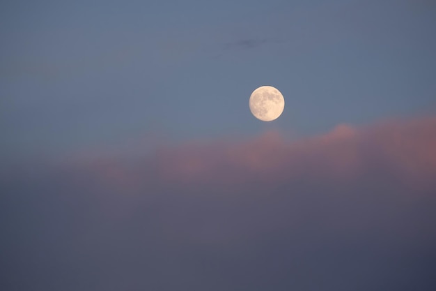 Photo sky landscape with full moon high on clear blue gradient sky above calm red clouds on sunset