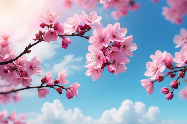 Sky and pink flowers realistic blurred spring background