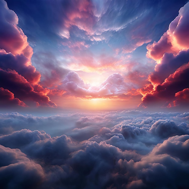 a sky with clouds and a sunset with a sun setting behind them