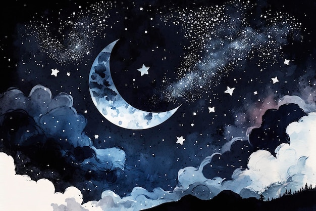 Sky with stars and moon, watercolor