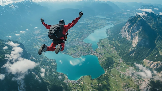 A skydiver plummets towards a stunning mountain lake arms outstretched in a