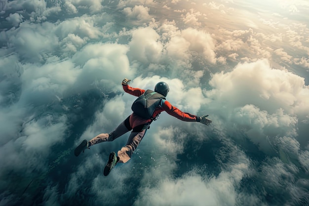 Photo a skydiver in a red suit freefalls through fluffy clouds during sunrise creating a breathtaking aerial adventure scene