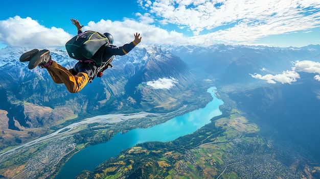 A skydiver soars above a breathtaking landscape of mountains and a turquoise lake