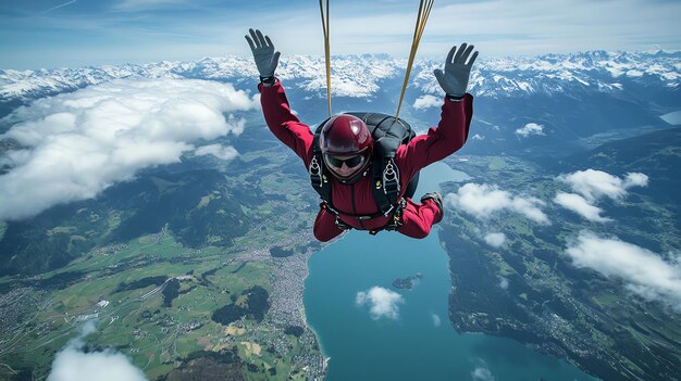 A skydiver soars above a stunning mountain landscape his red jumpsuit a vibrant contrast