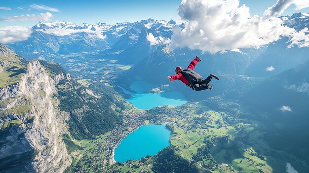 A skydiver soars above the Swiss Alps a breathtaking view of snowcapped peaks and crystalclear lakes