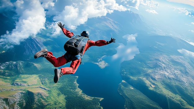 A skydiver soars through the air above a stunning mountain landscape