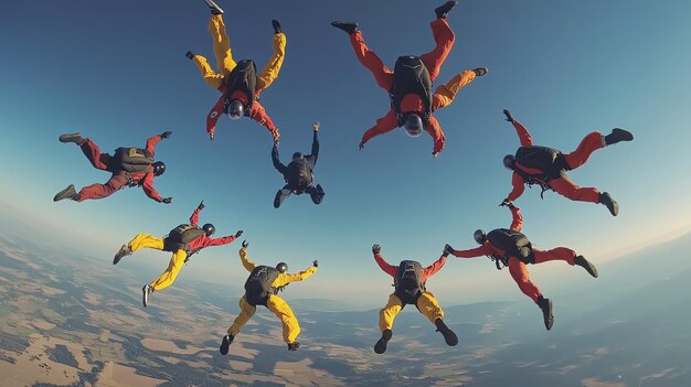 Photo skydivers form a circle while freefalling in the sky