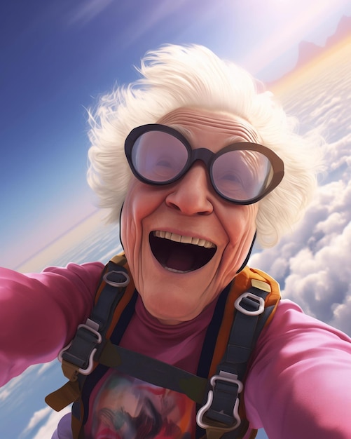 Skydiving granny selfie joy midair sunset backdrop