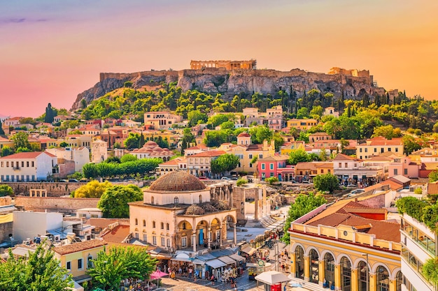 Skyline of Athens with Monastiraki square and Acropolis hill during sunset Athens Greece