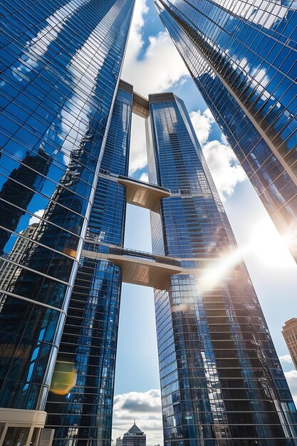 Photo skyline business metal public motion center and a photo of a skyscrapers with a plane flying in the