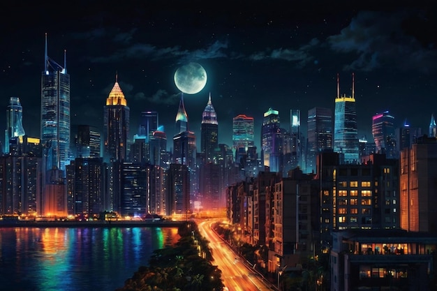 Skyline of a city at night with glowing windows