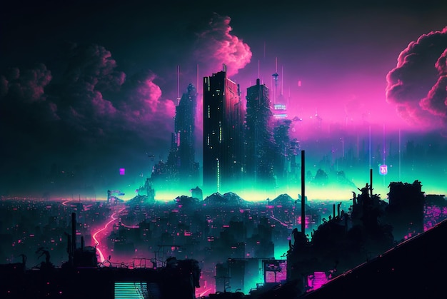 Skyline of cyberpunk neon city at night Fog and glowing lights Generative AI