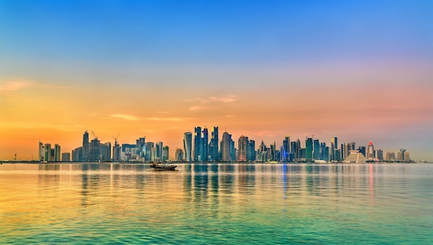 Skyline of Doha at sunset. Qatar, the Middle East