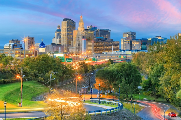 Skyline of downtown Hartford, Connecticut from above Charter Oak Landing at sunset.