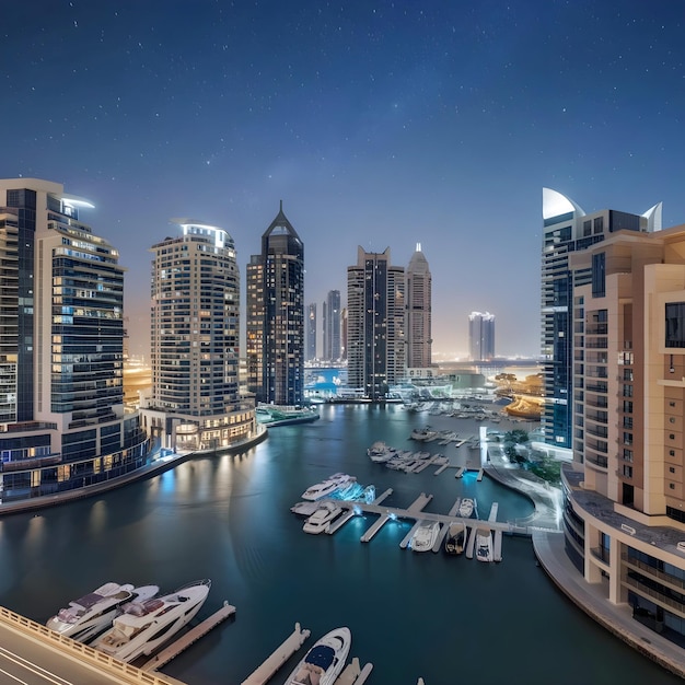 Photo the skyline of dubai marina the capital city of the united arab emirates is shown in this image