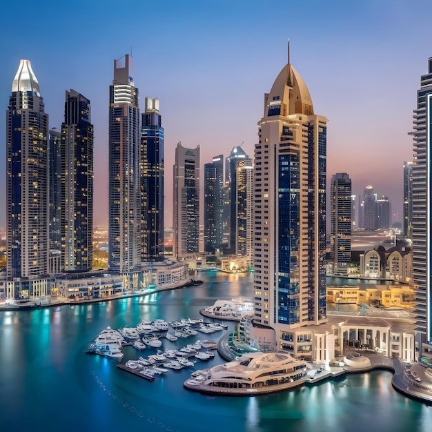 The skyline of Dubai Marina the capital city of the United Arab Emirates is shown in this image