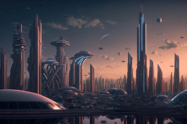 Skyline of futuristic city with fictional architecture in panoramic view