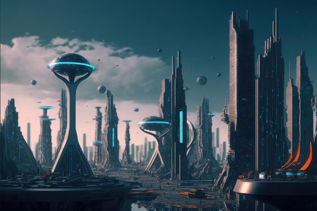 Skyline of futuristic city with fictional architecture in panoramic view